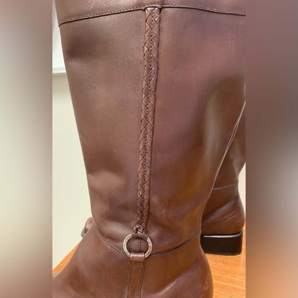 Croft & Barrow Brown Braided Leather Square Toe Tall Boots Zipper Closure SZ 10 - Picture 8 of 13